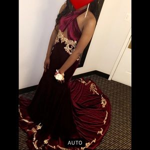 Velvet Burgundy Prom Dress with Gold Decor